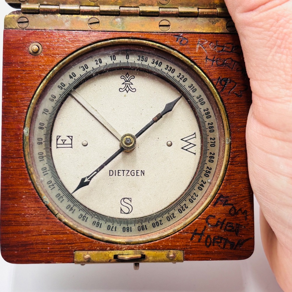 Vintage Dietzen Surveying Compass in Wood Case Brass Latch Inscribed 1973